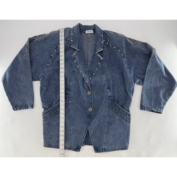 Vtg Side Roll Studded Embroidered Jacket Denim Studded Pocket Button One Sz Flaw - Picture 15 of 16